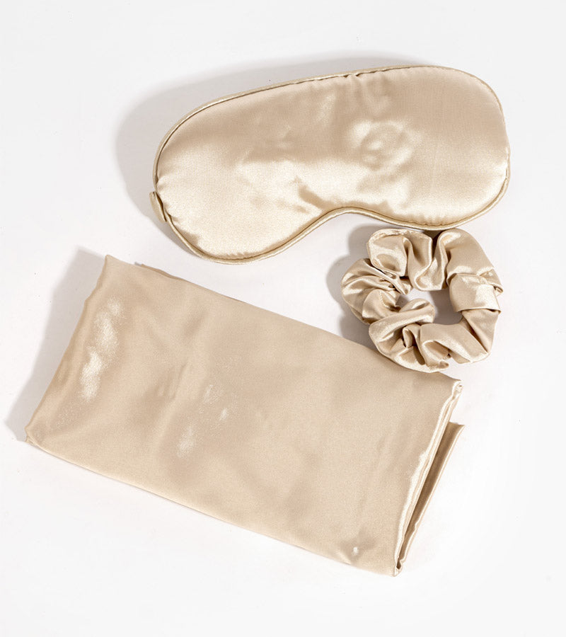 Set de masque - taie d'oreiller et chouchou en satin couleur champagne