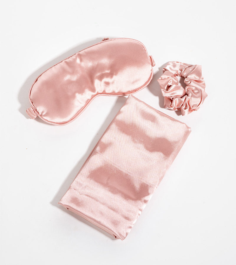 Set de masque - taie d'oreiller et chouchou en satin couleur blush